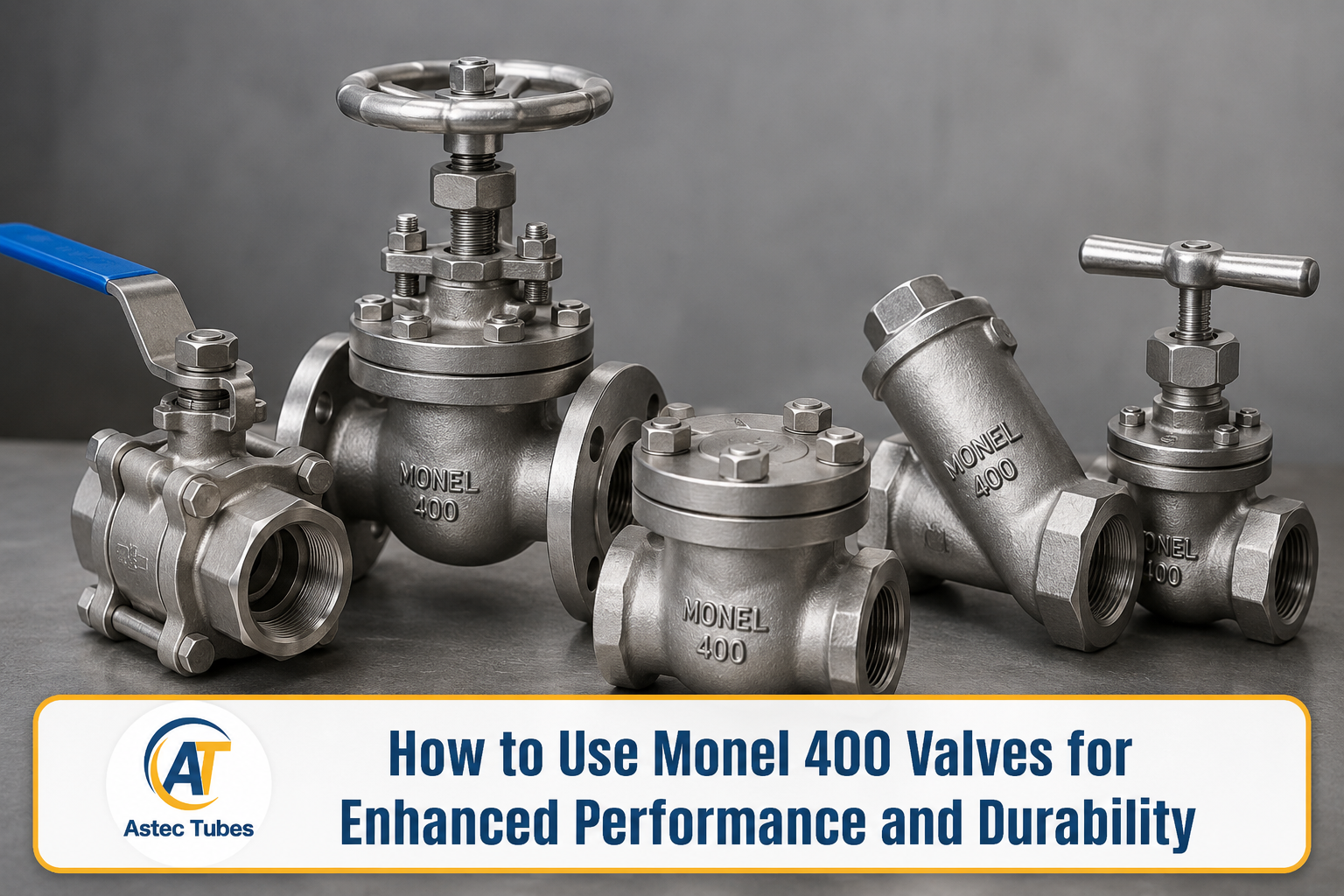 Monel 400 valves displayed for industrial piping and flow control systems.